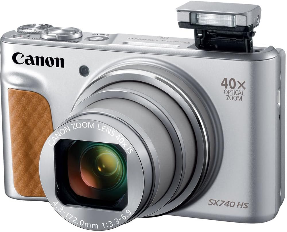 Canon PowerShot SX740 HS Digital Camera (Silver) – 20.3MP  40x Optical Zoom  4K UHD Video  Wi-Fi & Bluetooth  Compact Travel Point & Shoot (2956C001) + Bag + 64GB Memory Card