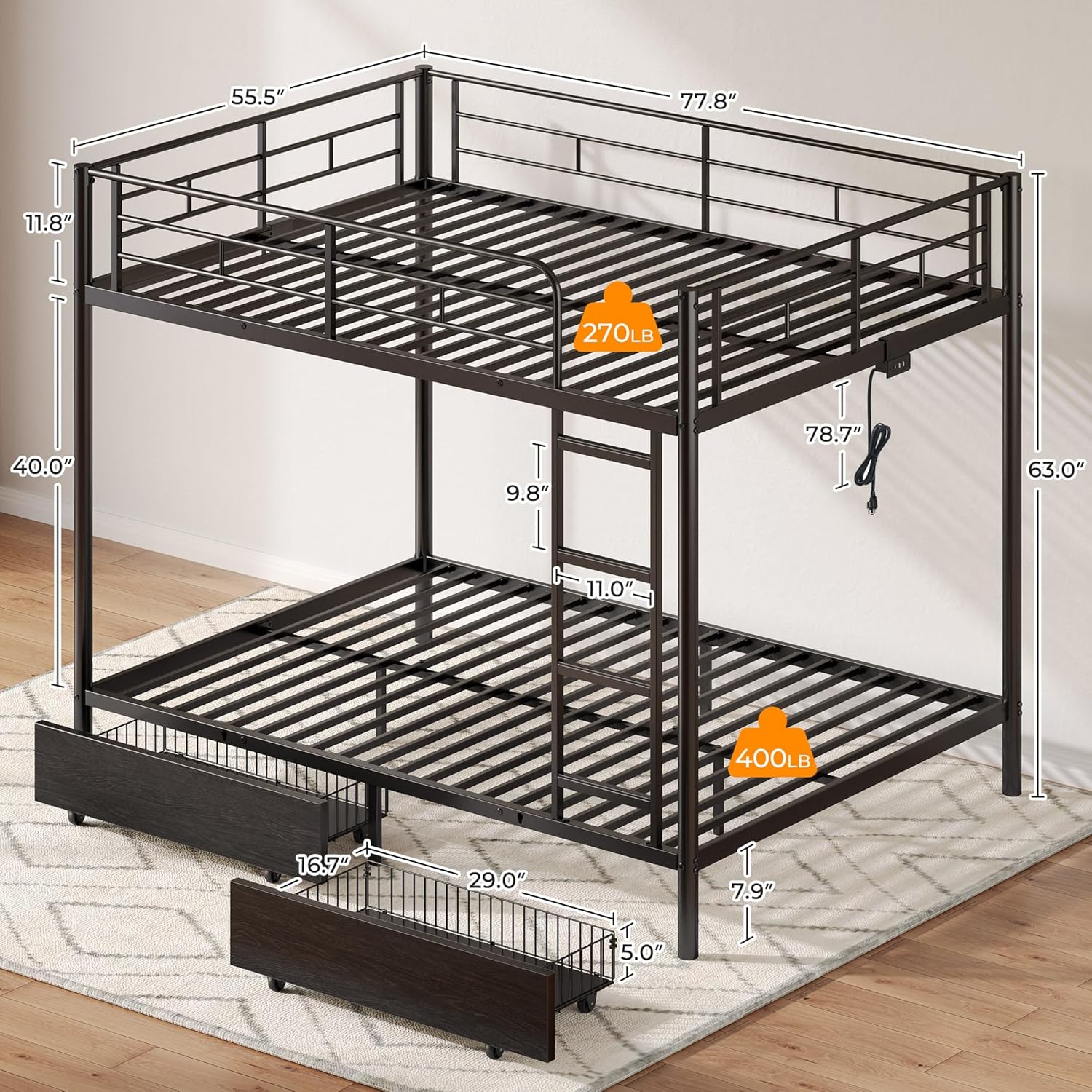 Rolanstar Metal Bunk Bed Full Over Full with USB Charging Station, LED Bunk Bed with 2 Storage Drawers, Bed with Safety Guardrail & Ladders, No Box Spring Needed, Easy Assembly, Black