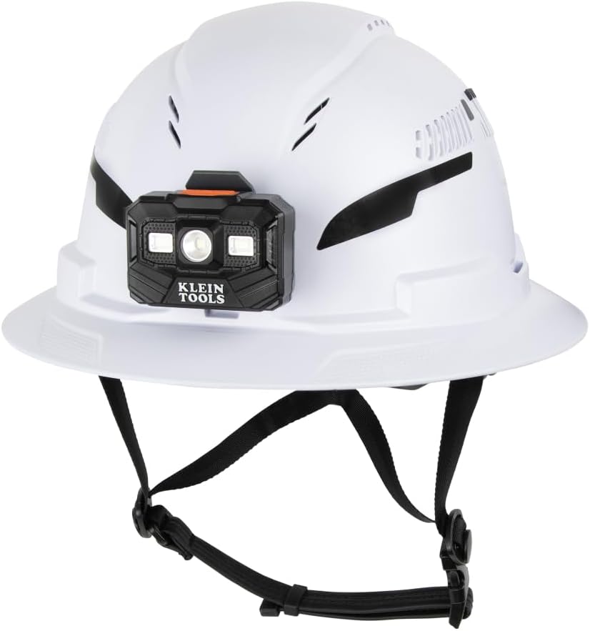 Klein Tools 60407T2RL Type 2 Hard Hat, Vented Full Brim, Class C Hard Hat with Chin Strap, 6-Point Suspension with Accessory Mounts, Washable Padding, and Rechargeable Headlamp