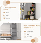 KOTEK Twin Over Twin Bunk Bed with Trundle and Stairs, Solid Wood Bunk Bed Frame with Storage Shelf, Bunk Beds Detachable into 2 Platform Beds for Kids Teens Adults (Grey)