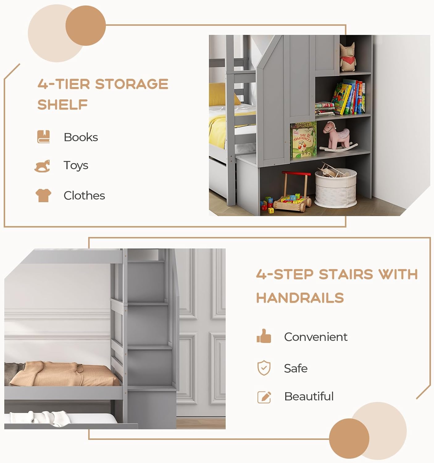 KOTEK Twin Over Twin Bunk Bed with Trundle and Stairs, Solid Wood Bunk Bed Frame with Storage Shelf, Bunk Beds Detachable into 2 Platform Beds for Kids Teens Adults (Grey)