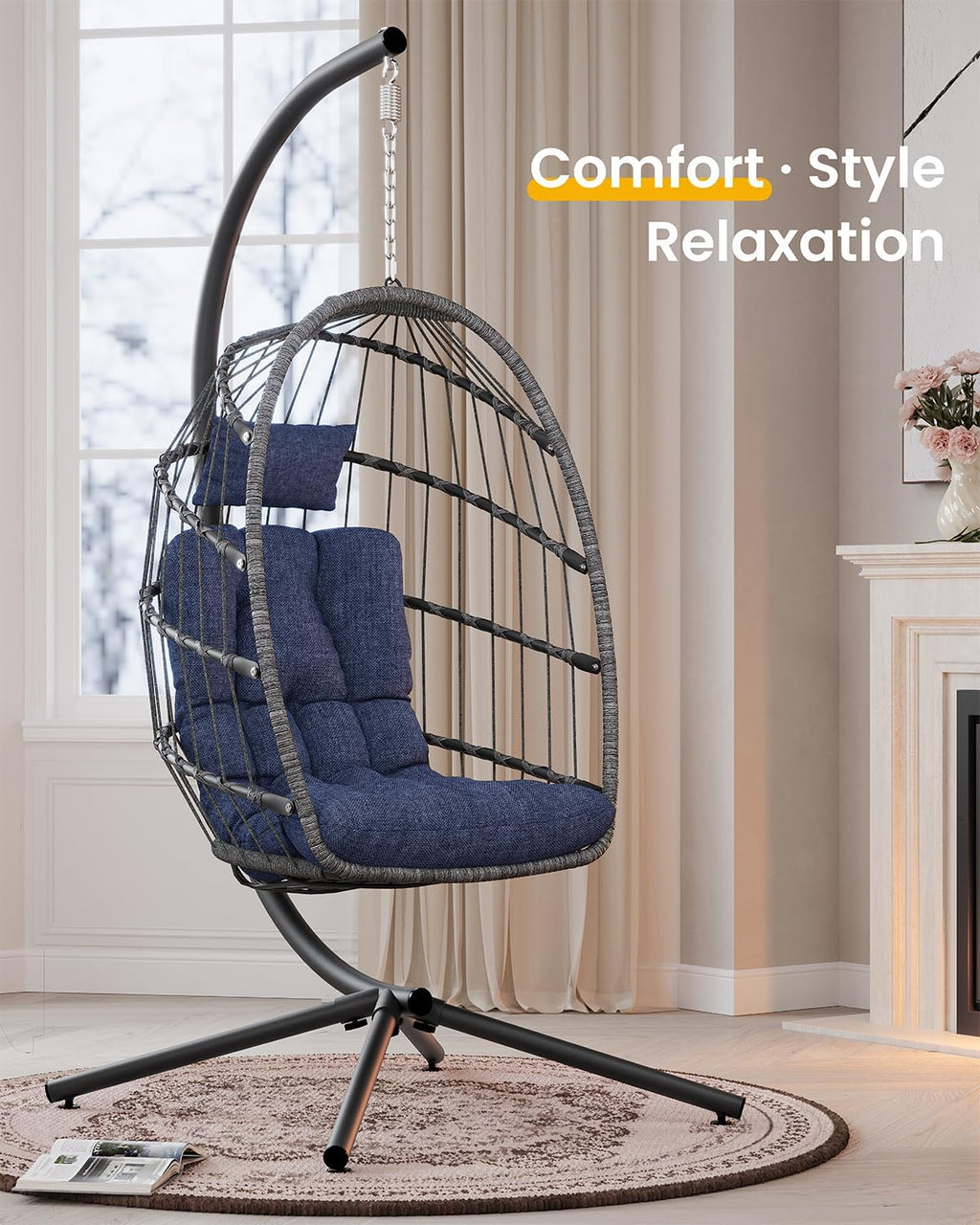 Hanging Egg Chair with Stand, Indoor Outdoor Wicker Patio Egg Swing Chair with Cushion for 350LBS Capacity, Hanging Hammock Chair for Bedroom, Garden, Porch - Dark Blue