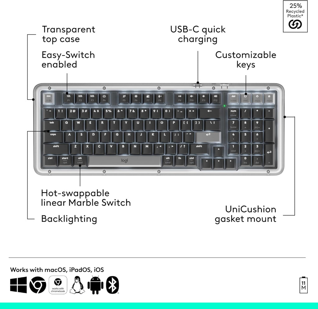Logitech Alto Keys K98M Wireless Mechanical Keyboard, Customizable Keyboard with Vibration Absorbing Gasket, Backlit Keys, Bluetooth, USB-C Charging, for PC, Mac, Laptops - Graphite