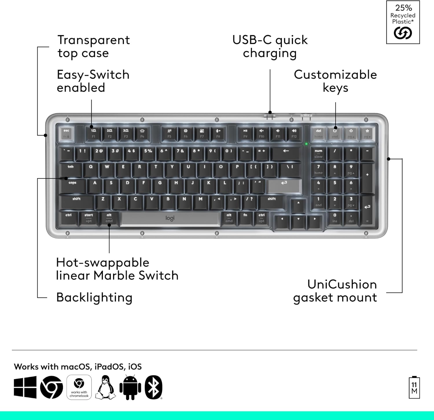 Logitech Alto Keys K98M Wireless Mechanical Keyboard, Customizable Keyboard with Vibration Absorbing Gasket, Backlit Keys, Bluetooth, USB-C Charging, for PC, Mac, Laptops - Graphite