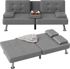 Flamaker Futon Sofa Bed Modern Folding Futon Set PU Leather Convertible Recliner Lounge for Living Room with 2 Cup Holders, Removable Armrests (PU Leather, Dark Grey)