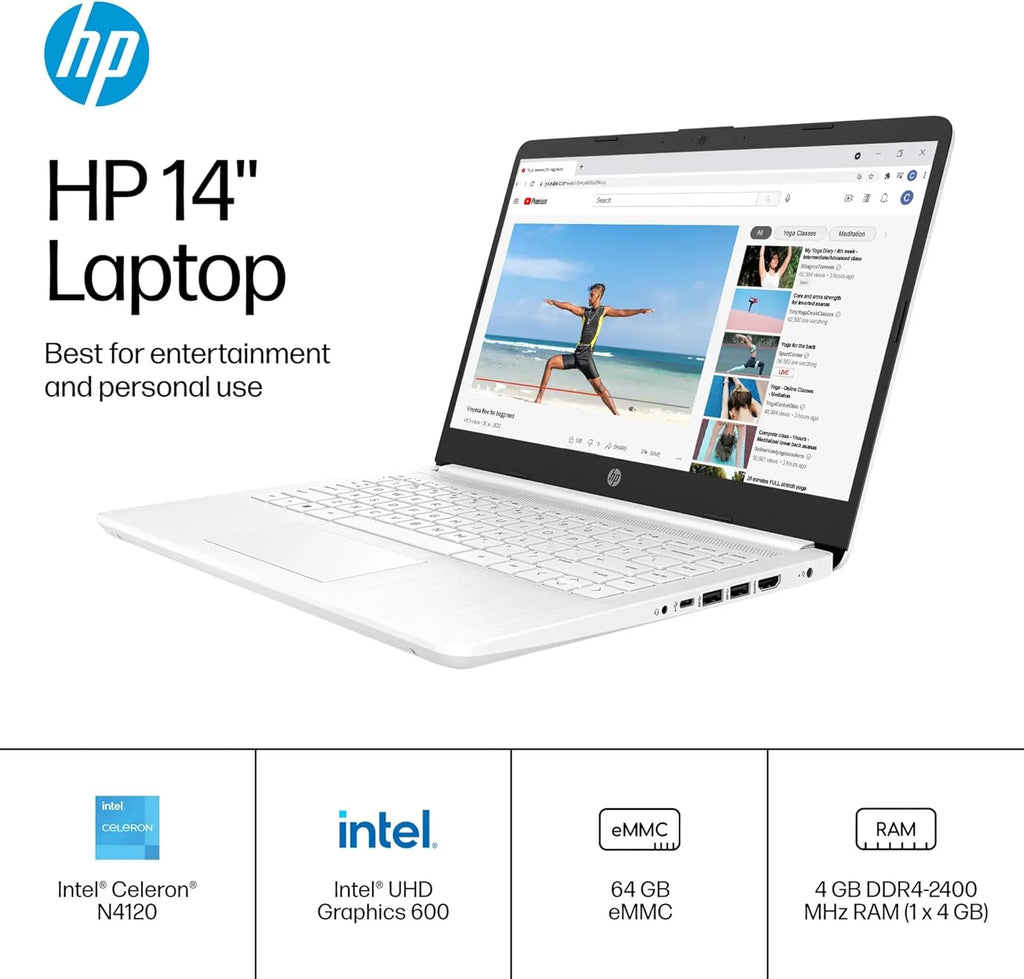 HP 14" Ultra Light Laptop for Student & Home (Intel Quad-Core N4120  4GB RAM  128GB(64GB + 64GB SD)  1-Year Office 365) 11-Hr Long Battery Life  Webcam  WiFi  Win 11 Home in S Mode - Snow White