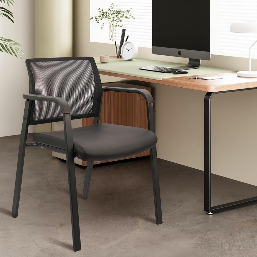 CLATINA Stackable Office Chair, Mesh Back Guest Chairs with Comfortable Leather Seat Arms Stacking Ergonomic Desk Chair No Wheels for Conference Waiting Reception School Stationary, Set of 4, Black