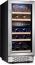 Phiestina 29 Bottles Wine Fridge, 15 Inch Dual Zone Wine Cooler Refrigerator Under Counter Cooling with Digital Memory, Auto Defrost Built-in/Freestanding