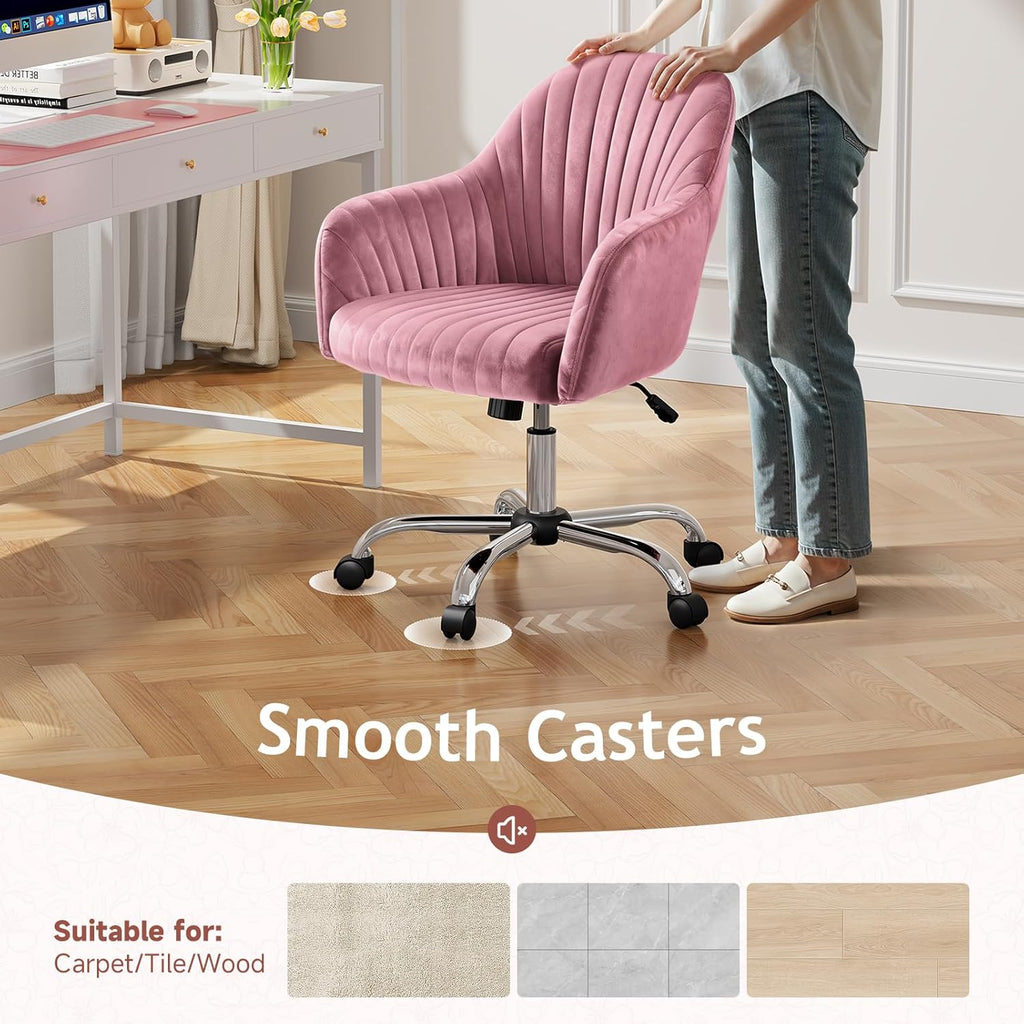 Warmiehomy Office Chair, Velvet Desk Chair for Home Office, Cozy Vanity Chair, Girl Cute Makeup Chair with Arm Rest for Bedroom Dressing Room (Dusty Rose)