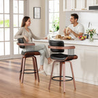 Swivel Counter Height Bar Stools Set of 2, 26 Inch Mid Century Modern Bentwood Barstools with Padded Back and Wood Legs, PU Leather Kitchen Island Chairs with Arms, Black