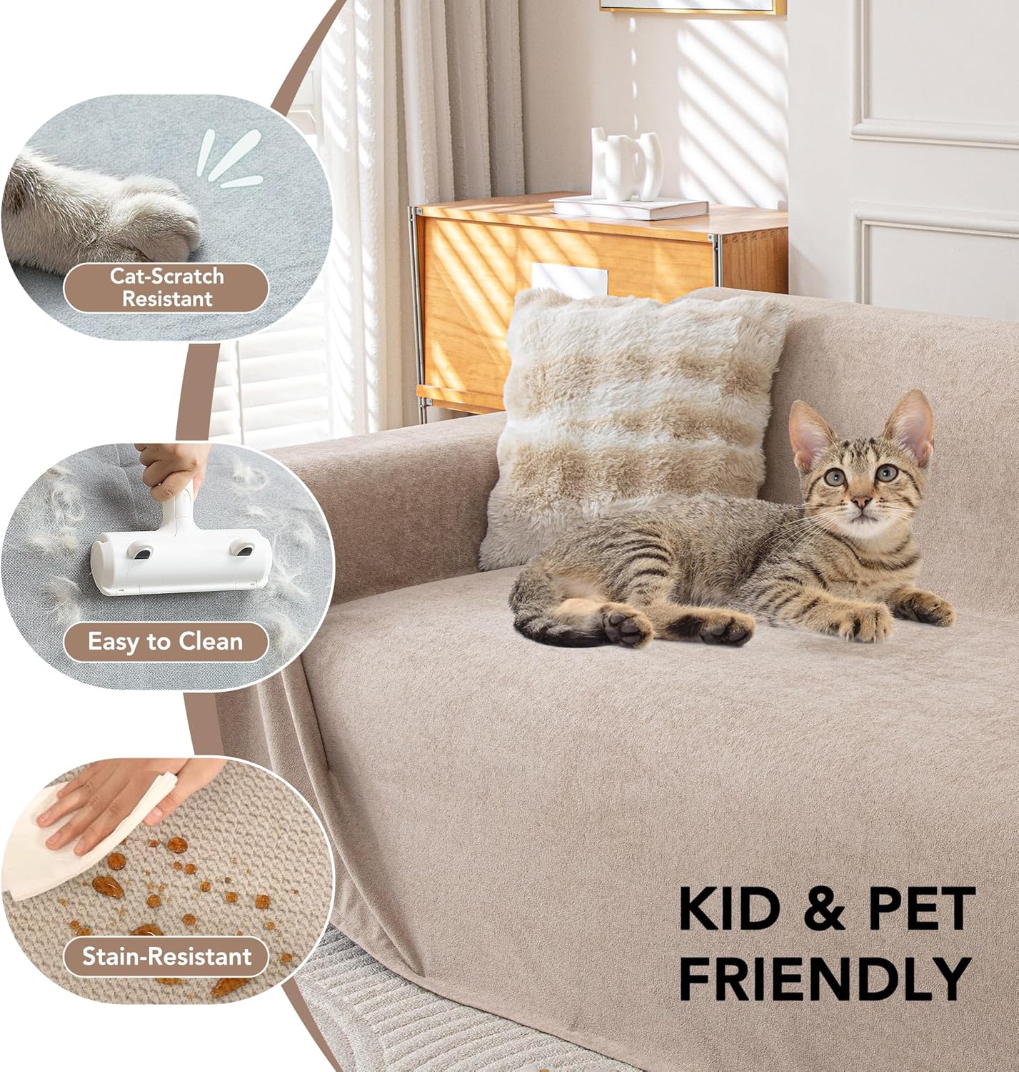 Waterproof Couch Covers for 4 Cushion, Non Slip Cat-Scratch Resistant Sofa Couch Covers for Dogs, L Shape Sectional Protectors Slipcovers, Large Furniture Covers for Pets, 91" x 150", Khaki