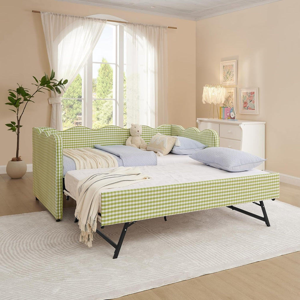 KEIKI Twin Size Upholstery Daybed with Trundle and USB, Twin to King Design Adorable Wave Shaped Extendable Linen Sofa Bed, Easy Assembly, No Box Spring Required, for Living Room and Bedroom, Green