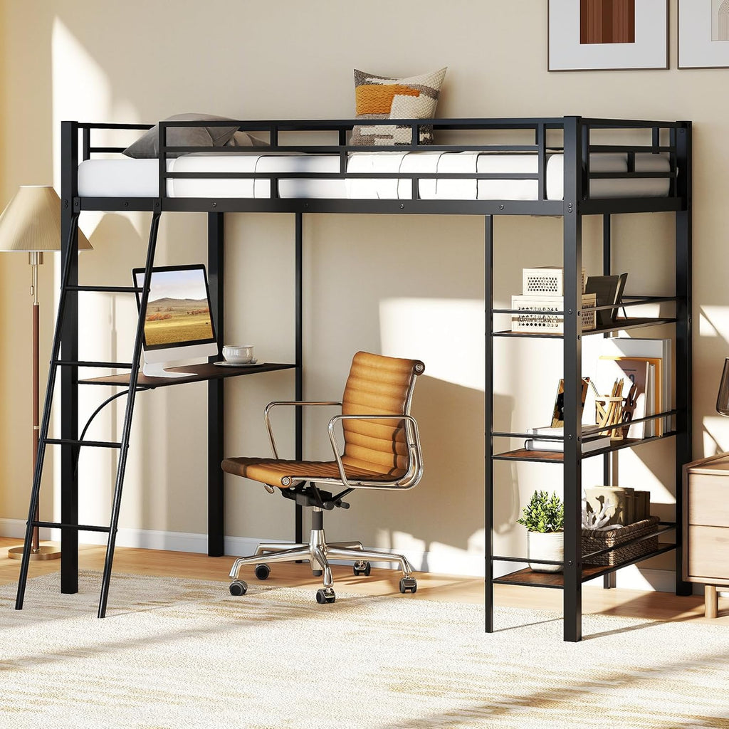 Giantex Twin Size Loft Bed with Desk & Shelves, Metal Bed Frame with Inclined Ladder & Full-Length Guardrails, High Loft Bed for Kids, Teens, Home, Dorm, Apartment, No Box Spring Needed