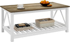 Farmhouse Coffee Table for Living Room, 2-Tier Rectangular Wooden Centre Cocktail Table with Slats Shelf Storage and V-Shaped Frame (Walnut Top)
