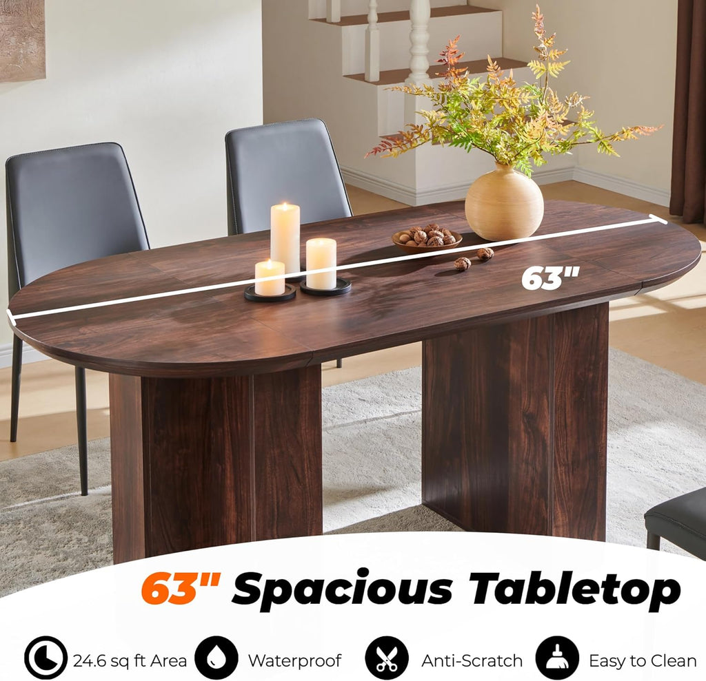 OKD 63 Inch Modern Wood Oval Dining Table for 4-6, Dining Room Table with Stable T-Shaped Base & Metal Frame & Thick Tabletop, Sturdy Kitchen Table for Dinner Room, Kitchen, Gathering, Dark Walnut