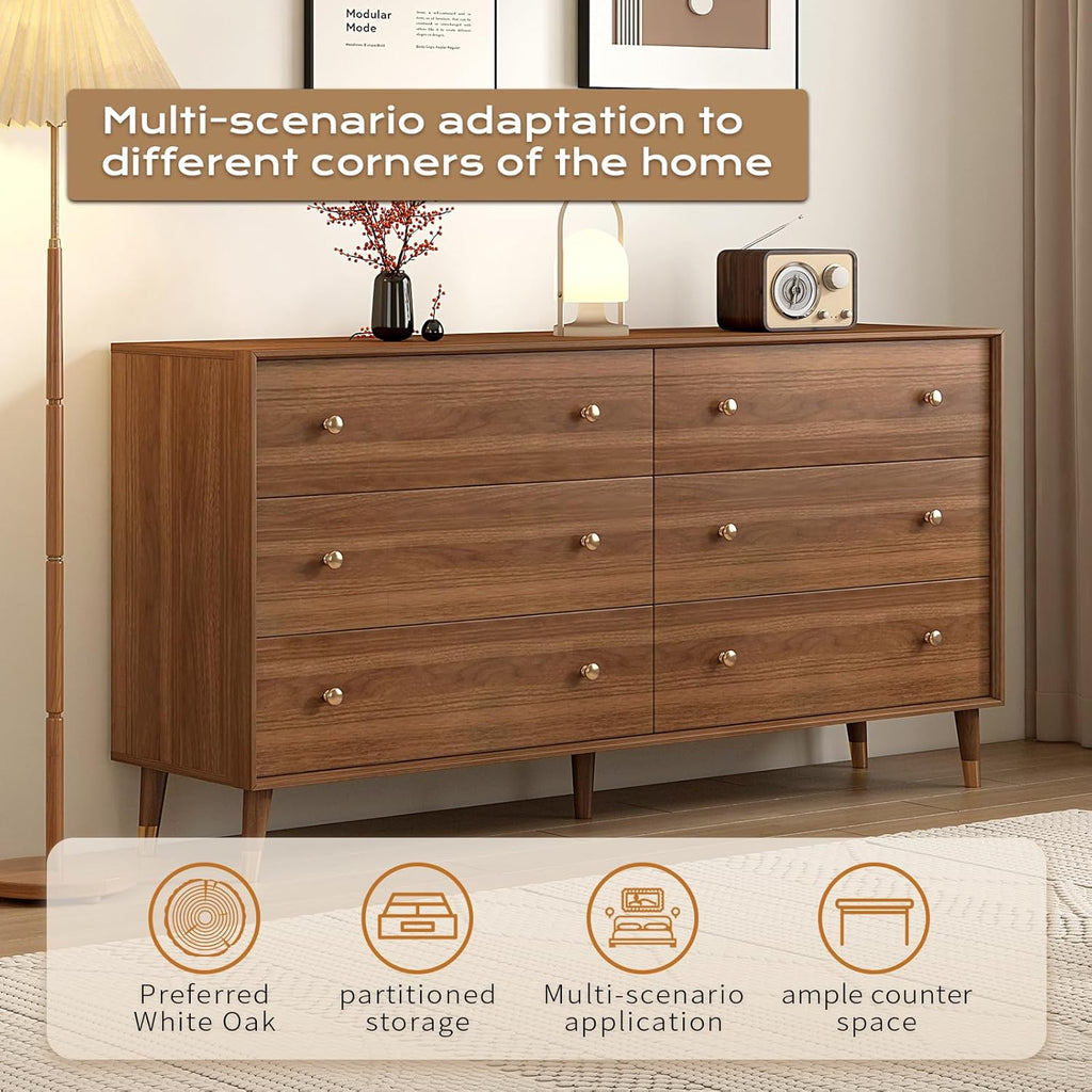 6 Drawer Dresser for Bedroom, 55 Inch Walnut Dresser for Closet, Mid Century Wood Chest of Drawers with Natural Texture & Pre-Embedded Slots for TV Stand, Living Room, Hallway, Office