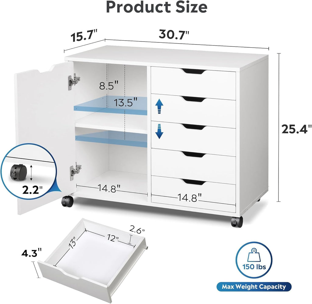 5-Drawer Wood Drawer Cabinet, Office Storage Cabinet with Adjustable Shelf & Wheels, Printer Stand for Home Office, White, 15.7" D x 30.7" W x 25.4" H