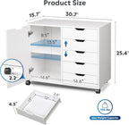 5-Drawer Wood Drawer Cabinet, Office Storage Cabinet with Adjustable Shelf & Wheels, Printer Stand for Home Office, White, 15.7" D x 30.7" W x 25.4" H
