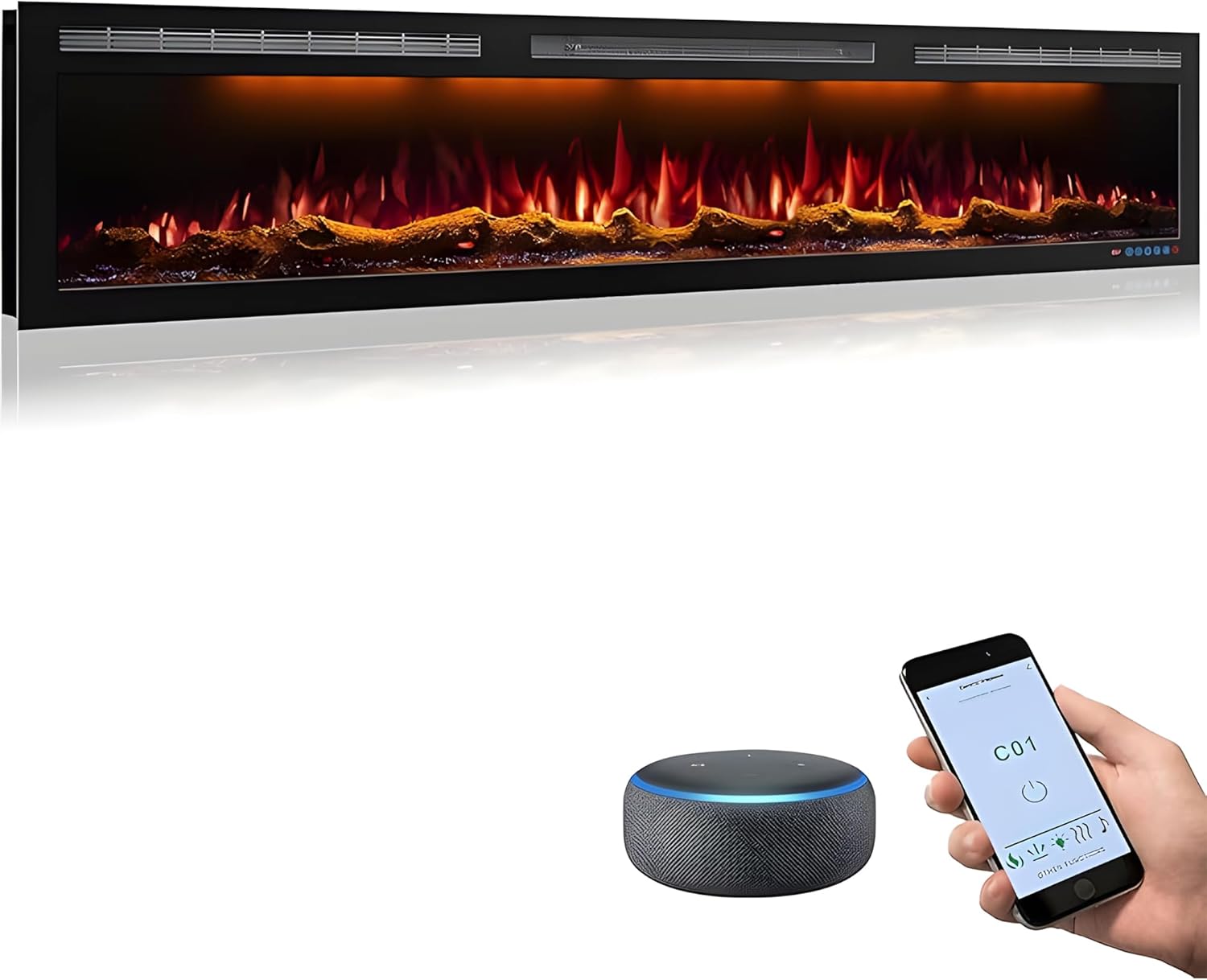 72 Inch WiFi Electric Fireplace Heater, Recessed or Wall Mounted, Ultra‑Slim 5.51" Deep, 750/1500W, 12 Flame Colors & 12 Ember Bed Colors,Remote & App Control, Works with Alexa & Google Home