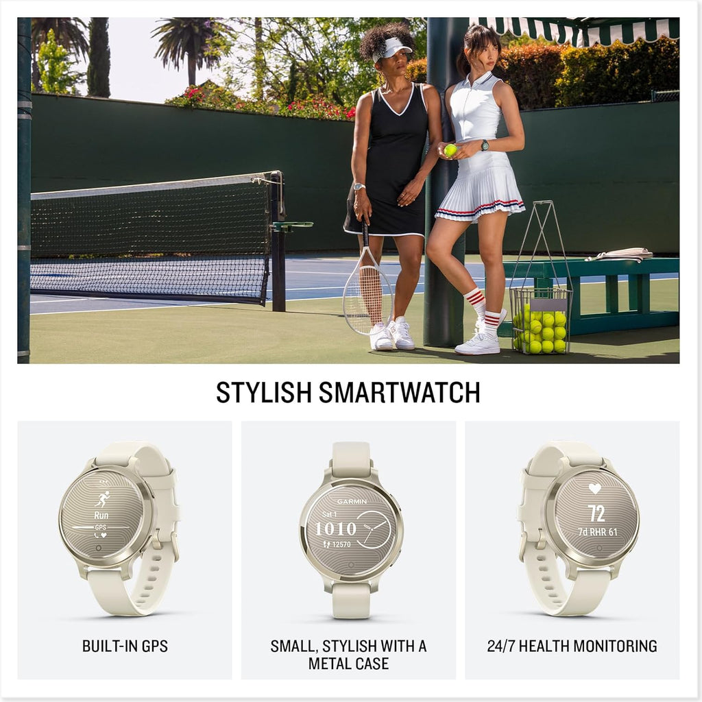 Garmin Lily® 2 Active  Small and Stylish Smartwatch  Built-in GPS  Hidden Display  Patterned Lens  Up to 9 Days Battery Life  Lunar Gold with Bone Silicone Band