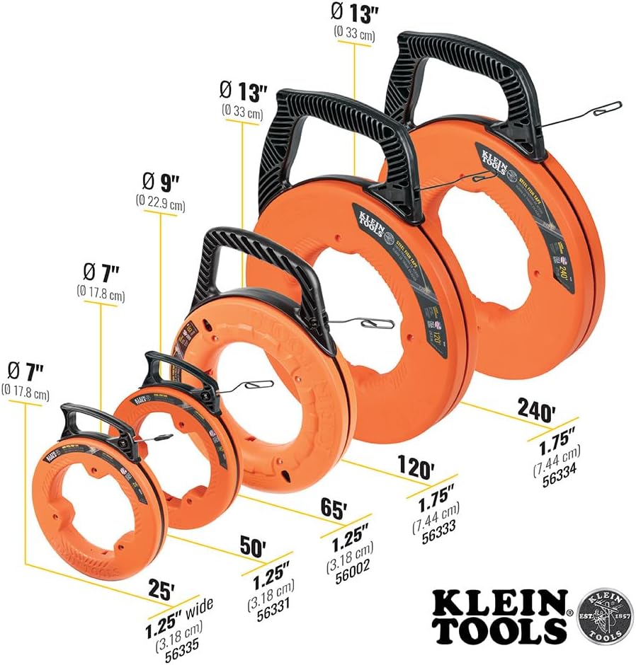 Klein Tools 56334 Electrical Fish Tape, Steel Wire Puller with Double Loop Tip, Optimized Housing and Handle for Heavy Duty Wire Pulls, 240-Foot