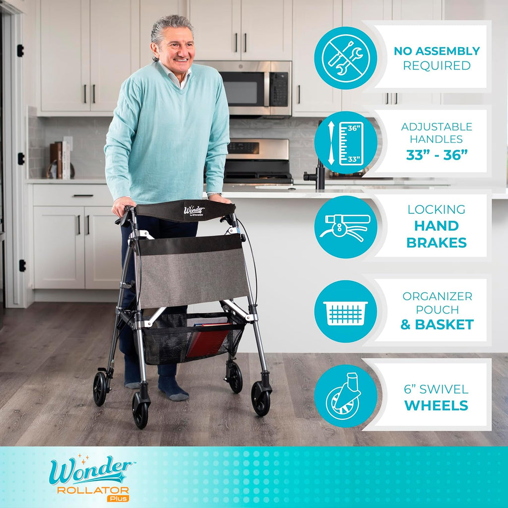 Stander Wonder Rollator Plus, Lightweight Folding Mobility Rolling-Walker, EZ Fold-N-Go-Rollator for Seniors and Adults, 6-inch Wheels, Locking Brakes and Padded Seat with Backrest, Black Walnut