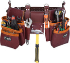FUERI Leather Tool Belt 17 Pocket Pouches Bags Men Suspenders Holder Organizer for Carpenter Construction Electrician - Maroon