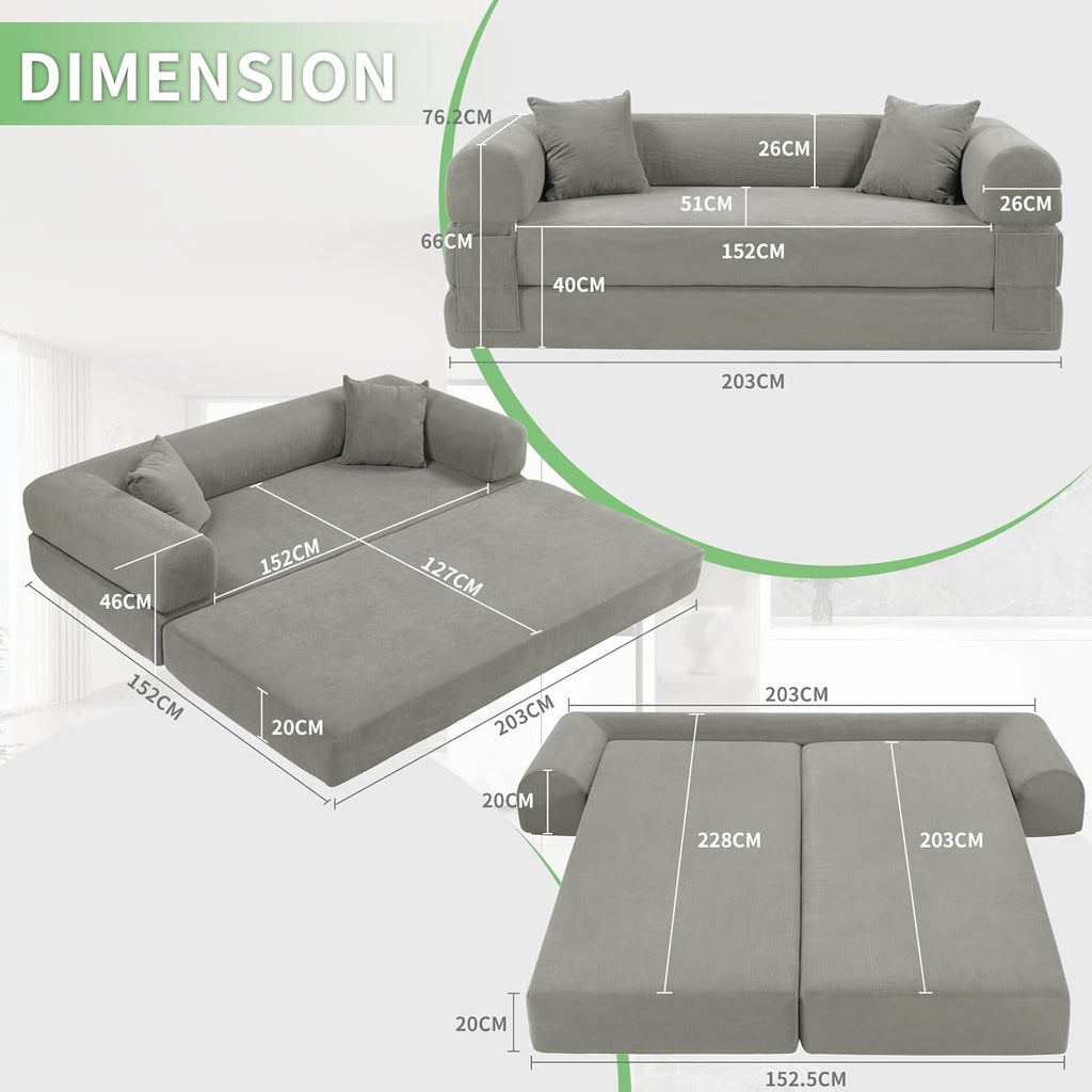 4-in-1 Folding Convertible Sofa Bed, 80 Inch Corduroy Upholstered Boneless Couch, Loveseat Sleeper with Pull Out Bed, Floor Sofa Modular Futon Teddy Sofa for Living Room Bedroom Lounge, Light Gray