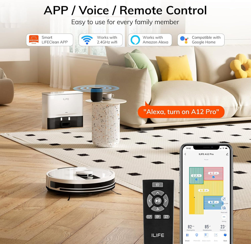 ILIFE A12 Pro Robot Vacuum and Mop Combo, Self Emptying Station for 60 Days, LiDAR Navigation, Home Mapping, No-Go Zones, 2.4G WiFi/App/Alexa/Remote Control, for Hard Floors, 110V
