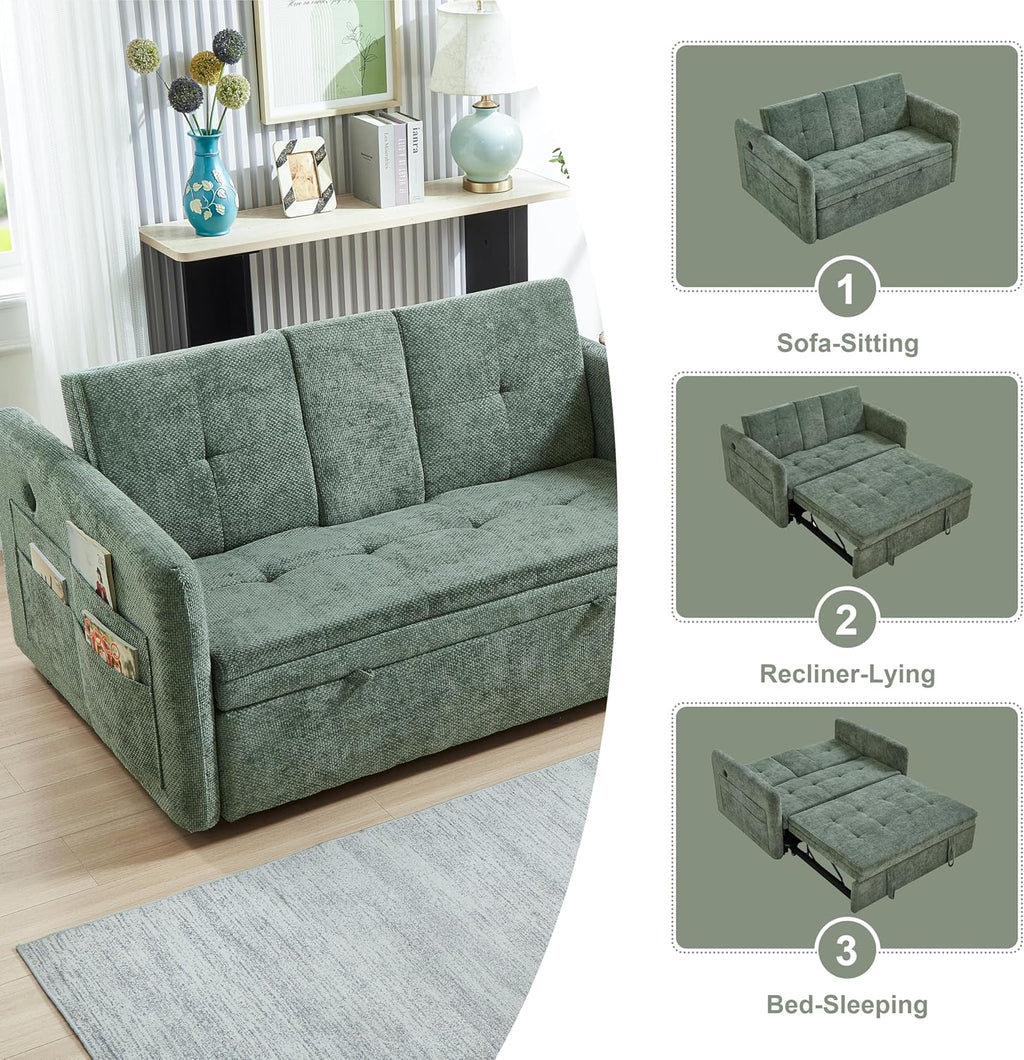57.48" Convertible Sofa Bed with Cup Holder, Pull Out Sleeper Sofa Bed with USB Charging Ports, 3 in 1 Convertible Sleeper Sofa Bed for Living Room, Apartment, Bedroom, RV, Green