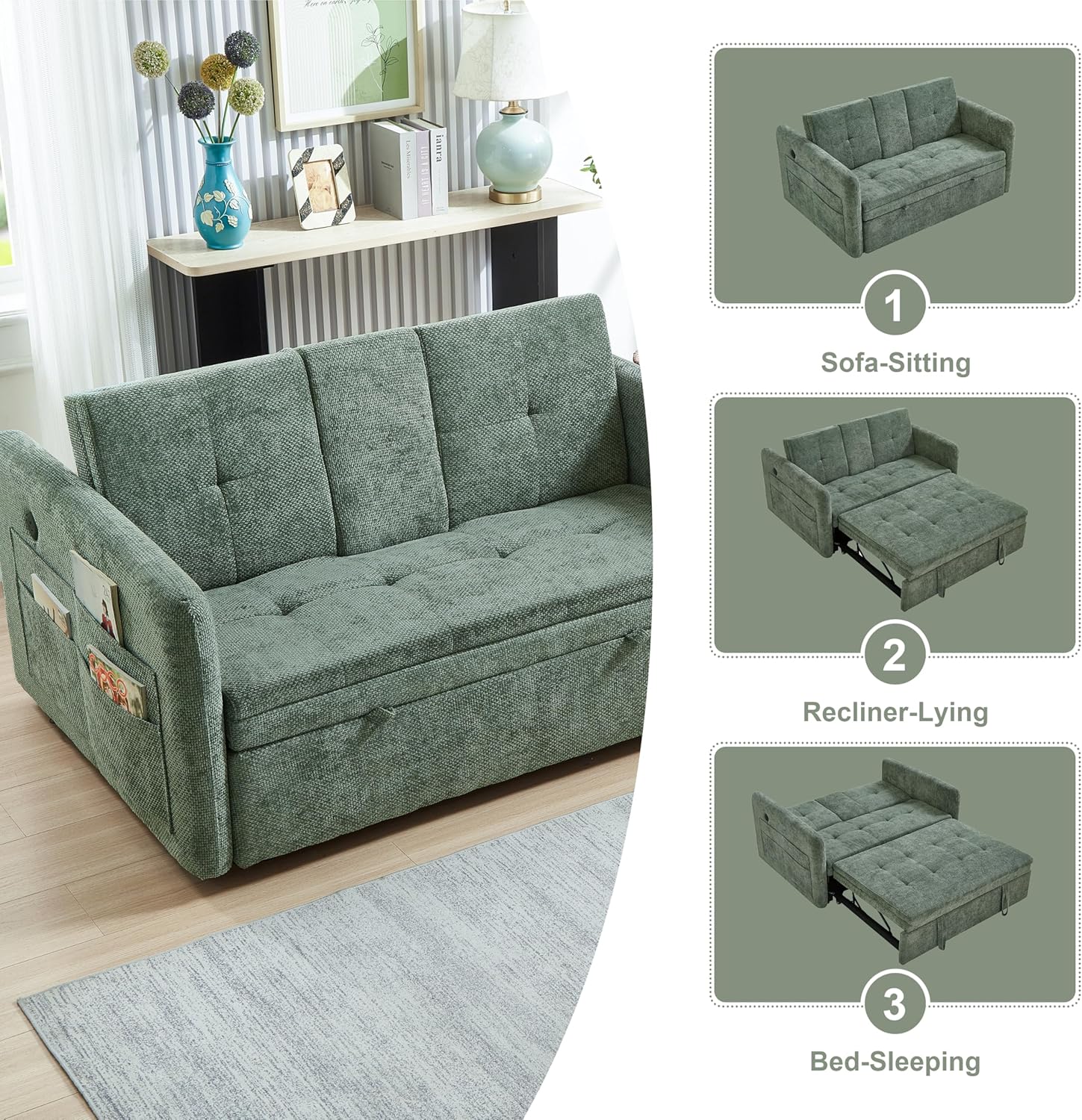 57.48" Convertible Sofa Bed with Cup Holder, Pull Out Sleeper Sofa Bed with USB Charging Ports, 3 in 1 Convertible Sleeper Sofa Bed for Living Room, Apartment, Bedroom, RV, Green