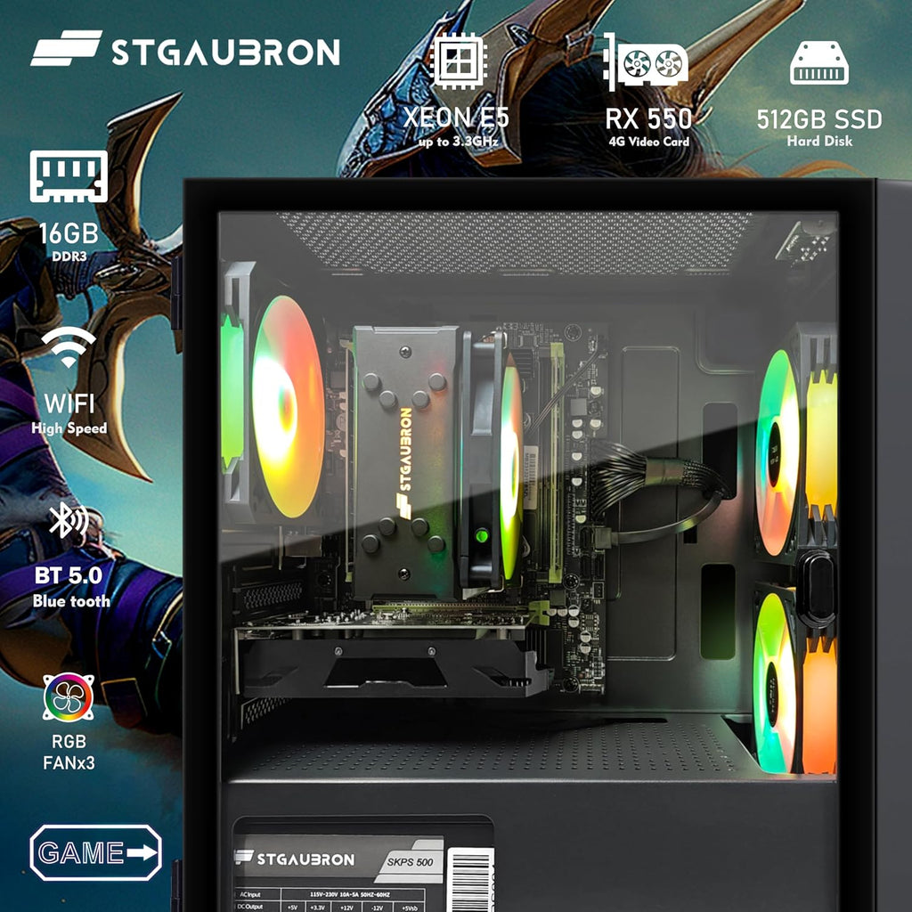 STGAubron Gaming PC Computer Desktop  Intel i7 Xeon E5  Radeon RX 550 4G  16GB RAM  512GB SSD  WiFi  BT 5.0  RGB Fan x3  Windows 11 Home  Gaming Computer Tower for Gamer Streaming
