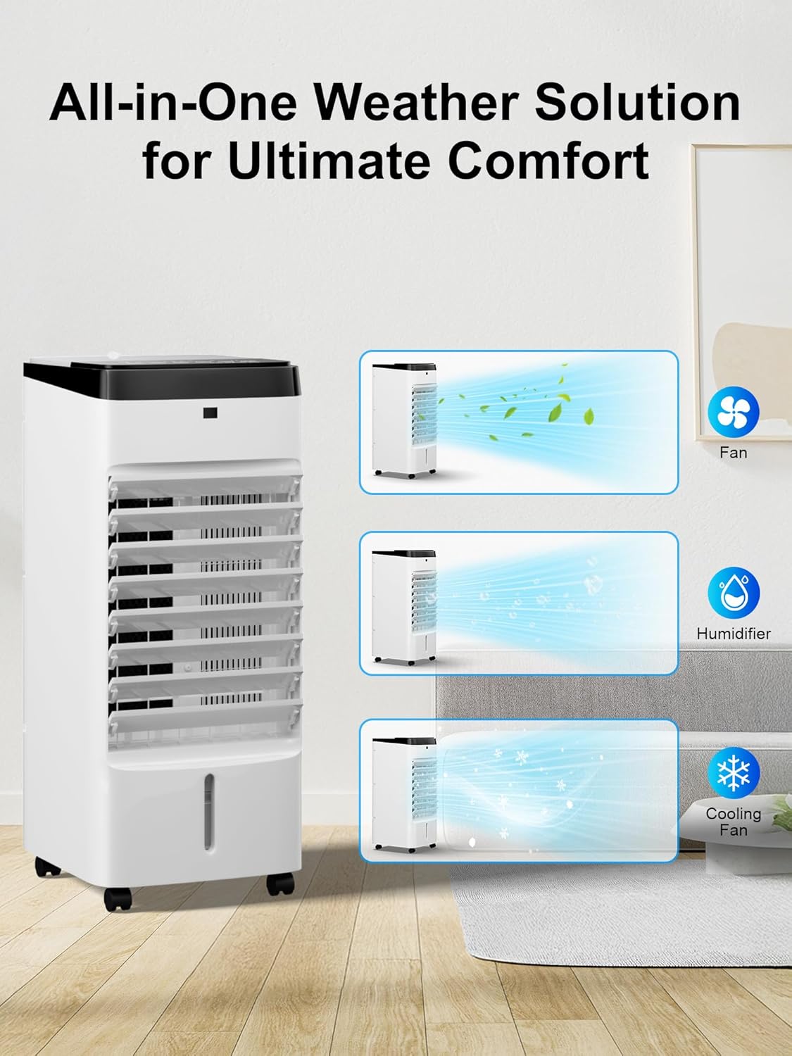Uthfy Portable Air Conditioners, 3 IN 1 Evaporative Air Cooler with Detachable Water Tank, 6 Ice Packs, 12H Timer, 120° Oscillation, Remote, 3 Speeds, 4 Modes, Swamp Cooler for Bedroom, Office