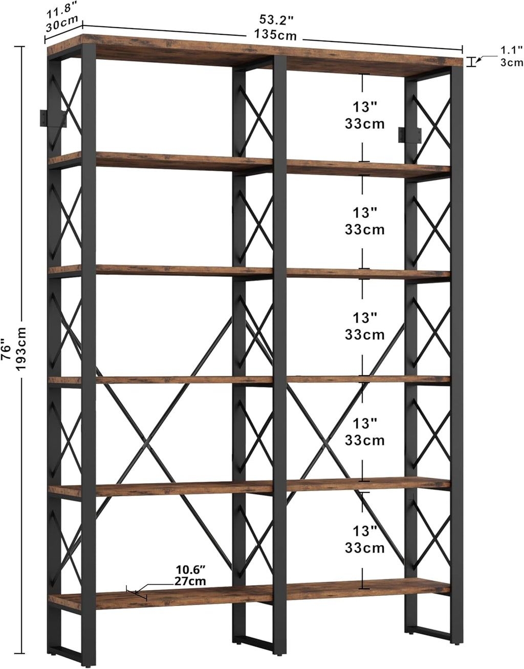 IRONCK Bookshelf Double Wide 6-Tier 76" H, Open Large Bookcase, Industrial Style Shelves, Wood and Metal Bookshelves for Home Office, Easy Assembly