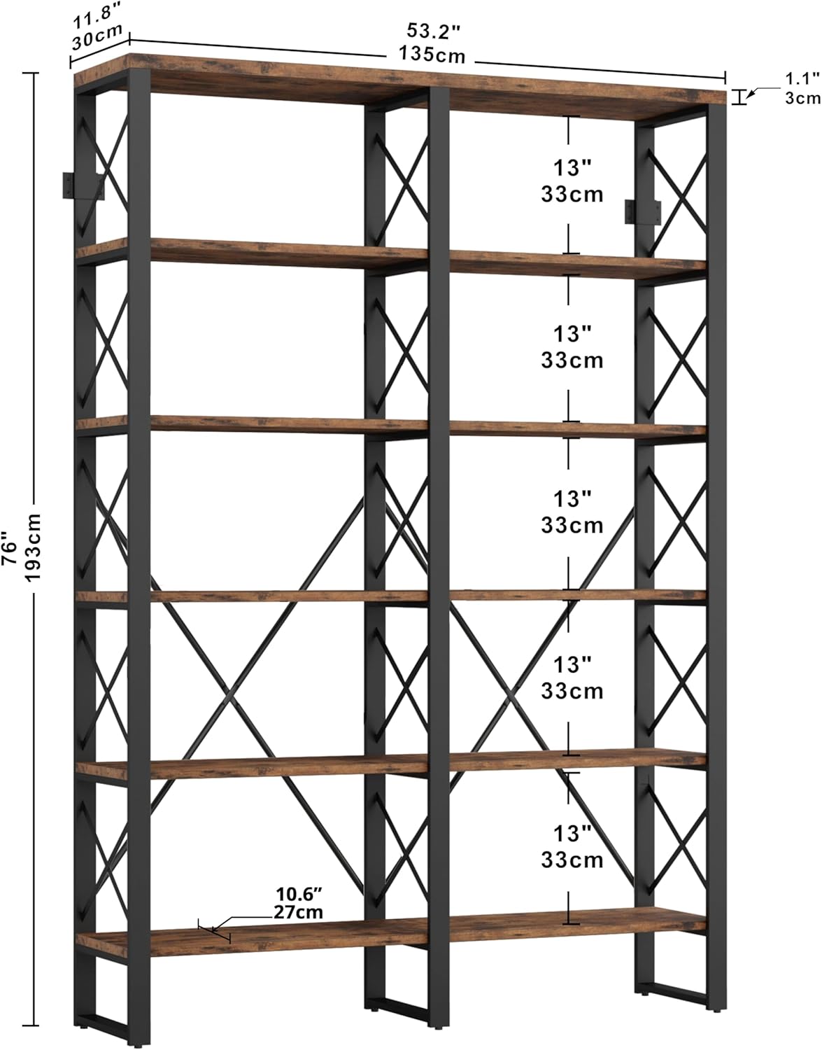IRONCK Bookshelf Double Wide 6-Tier 76" H, Open Large Bookcase, Industrial Style Shelves, Wood and Metal Bookshelves for Home Office, Easy Assembly