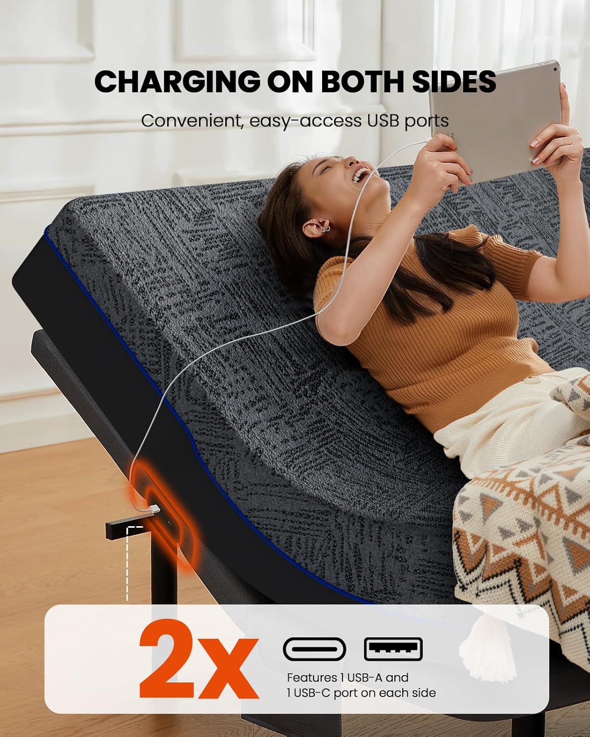 Amada Twin XL Adjustable Bed Frame and 14 Inch Cooling Gel Memory Foam Mattress Set, Head & Foot Incline, Wireless Remote, USB Ports, LED Night Light, Medium Firm Support