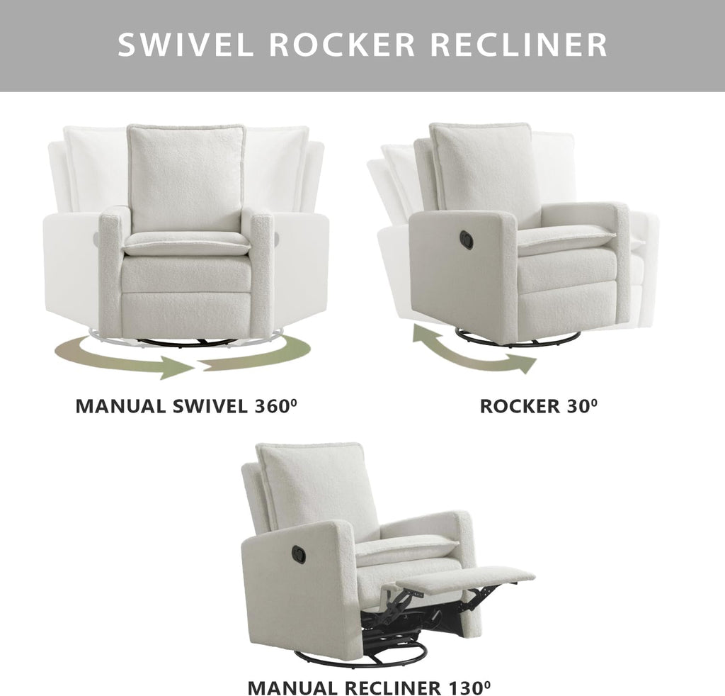 Oxford Baby Uptown Upholstered Glider Recliner Rocking Chair 360° Swivel for Nursery and Living Room – Boucle White