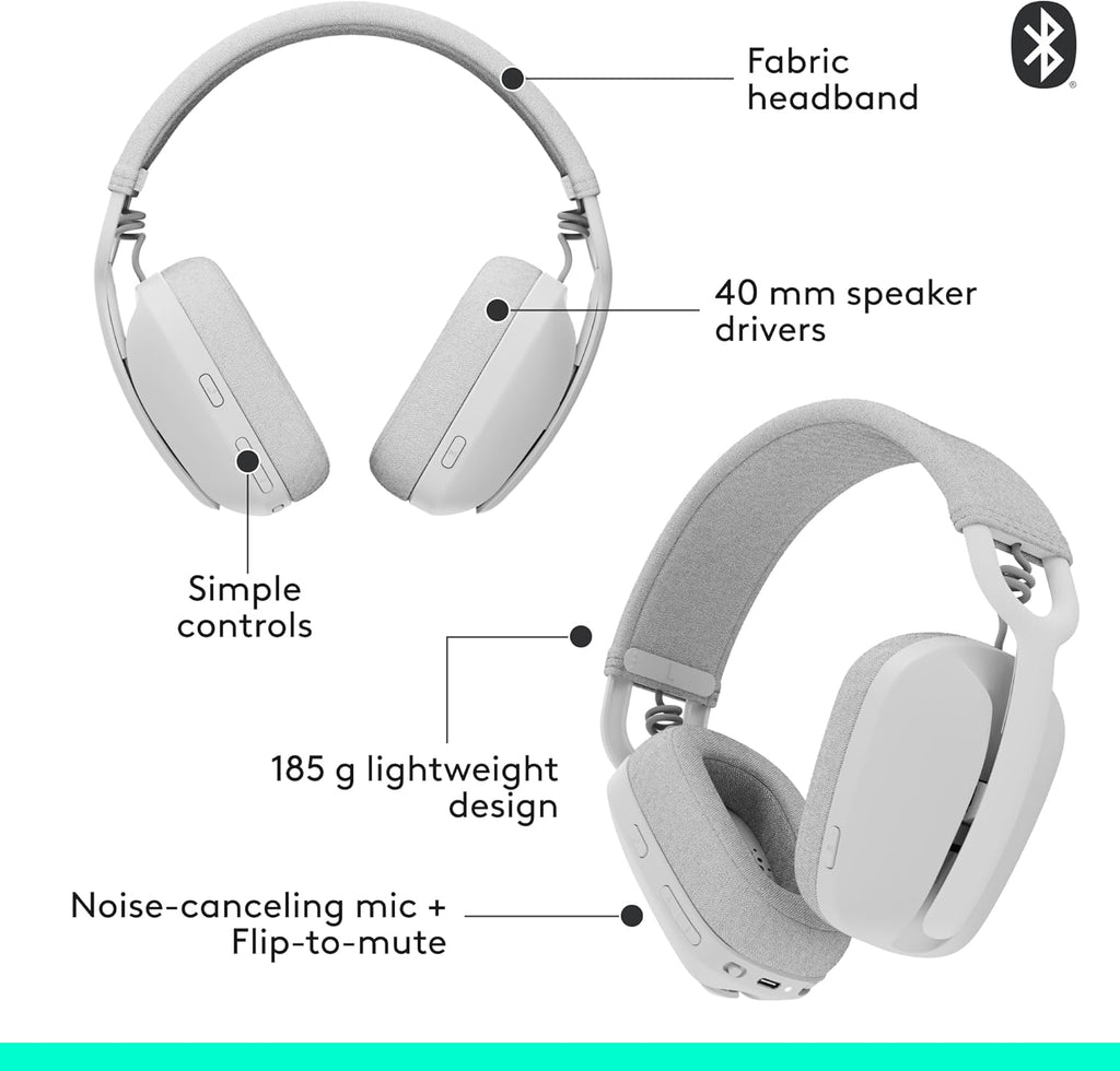 Logitech Zone Vibe 100 Lightweight Wireless Over Ear Headphones with Noise Canceling Microphone, Advanced Multipoint Bluetooth Headset, Works with Teams, Google Meet, Zoom, Mac/PC - Off White