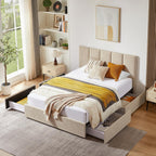 VELOCAVA Queen Size Upholstered Storage Bed Frame with 4 Drawers, Modern Linen Platform Bed with Vertical Channel Headboard, Sturdy Wood Slats, Under Bed Storage, No Box Spring Needed, Beige