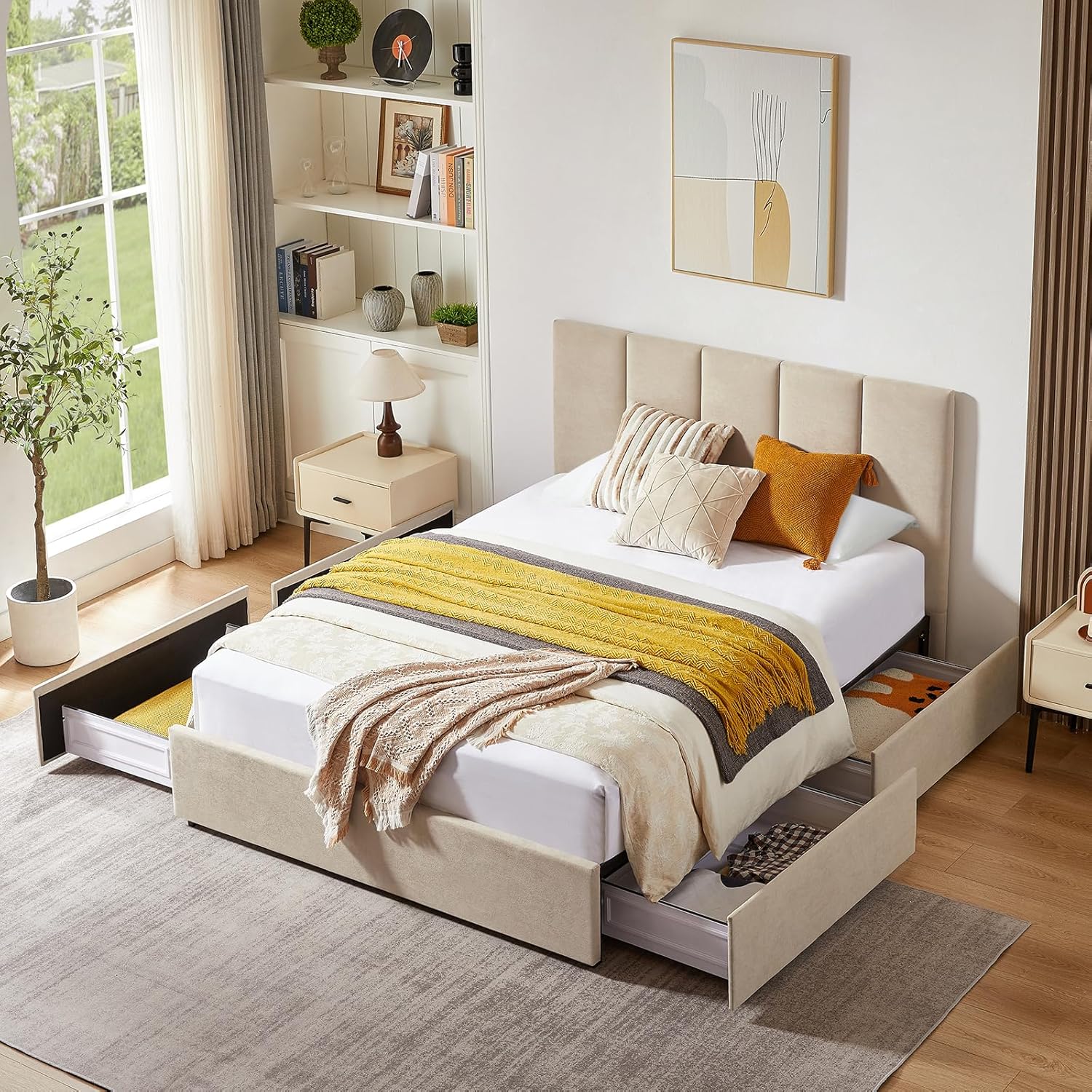 VELOCAVA Queen Size Upholstered Storage Bed Frame with 4 Drawers, Modern Linen Platform Bed with Vertical Channel Headboard, Sturdy Wood Slats, Under Bed Storage, No Box Spring Needed, Beige