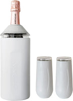 Vinglacé Champagne Bottle Chiller Gift Set- Portable Stainless Steel Sparkling Wine Cooler with 2 Stemless Champagne Flutes, White