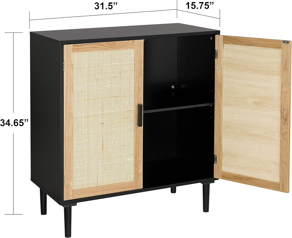 Finnhomy Sideboard Buffet Cabinet, Kitchen Storage Sideboard with Rattan Decorated Doors, Liquor Buffet for Bar, Dining Room, Hallway, Cupboard Console Table, Accent Cabinet, 31.5X 15.8X 34.6 Inches