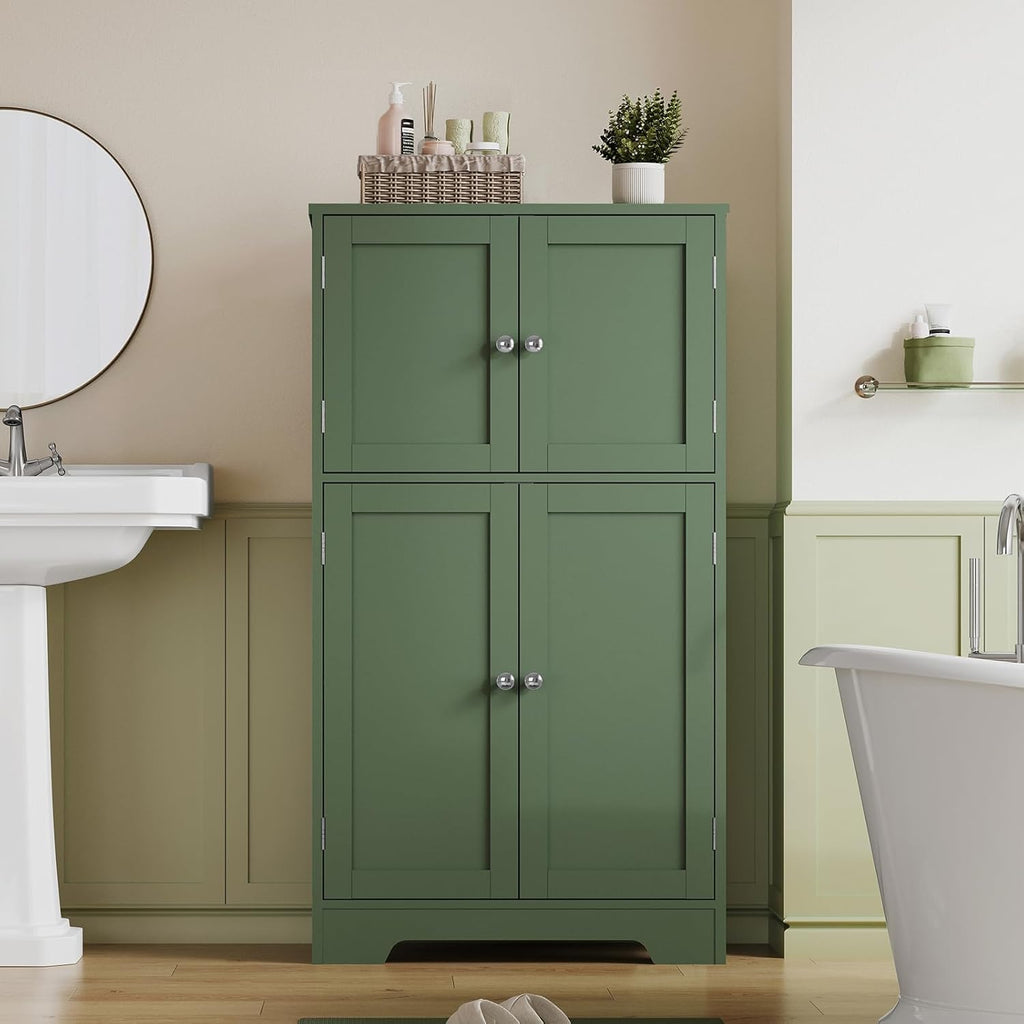 TEENFON Bathroom Storage Cabinet, Bathroom Cabinet with 4 Doors & 2 Adjustable Shelves, Cupboard, Cabinets for Living Room, Entryway, Office, Forest Green