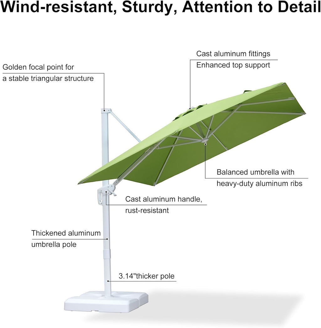 PURPLE LEAF 8 FT Patio Umbrella With Base White Cantilever Umbrella Square Outdoor Offset Umbrella Windproof with 360° Rotation for Garden Deck Pool, Macaw Green