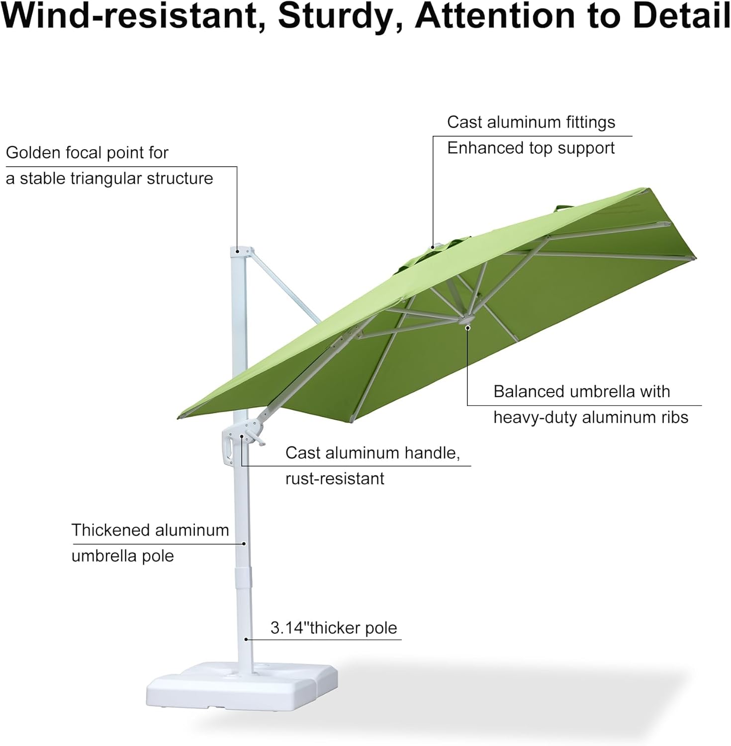 PURPLE LEAF 8 FT Patio Umbrella With Base White Cantilever Umbrella Square Outdoor Offset Umbrella Windproof with 360° Rotation for Garden Deck Pool, Macaw Green