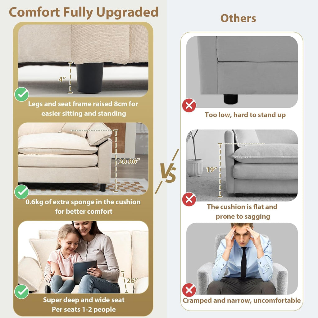 Oversized Modular Sectional Sofa, 80 Inch L Shaped Cloud Couch Set, 2-Seat Comfy Convertible Sofa with 1 Movable Ottoman, DIY Combination Sleeper Couch for Living Room(Chenille, Beige)