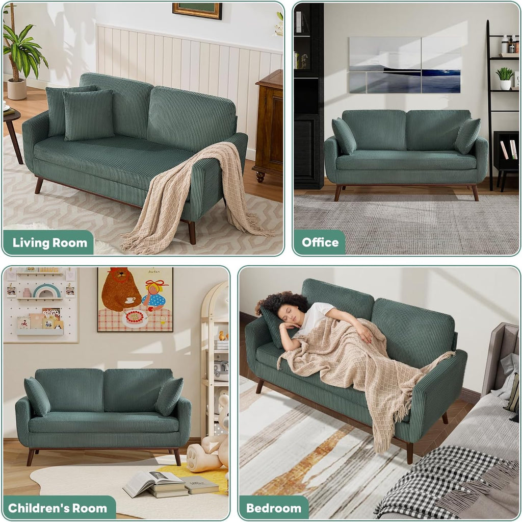 Tbfit 65" Corduroy Love Seat with Spring Cusions, Mid Century Modern Loveseat Sofa for Livingroom & Bedroom, Comfy Upholstered Small Couch