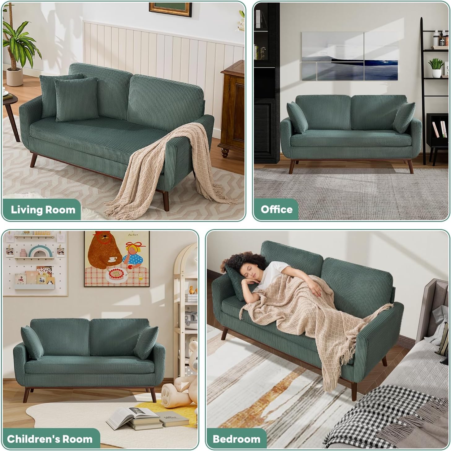 Tbfit 65" Corduroy Love Seat with Spring Cusions, Mid Century Modern Loveseat Sofa for Livingroom & Bedroom, Comfy Upholstered Small Couch