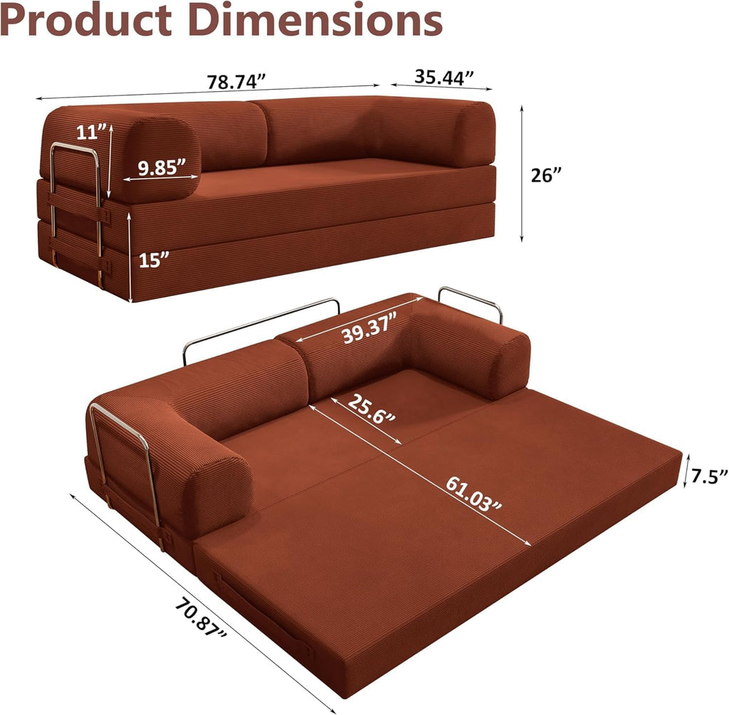 78.8" Folding Convertible Sofa Bed, 4-in-1 Floor Sofa Modular Futon Couch .Pull Out Couch Memory Foam King Size Sofa Bed .No Assembly Needed Boneless Couch for Living Room（Orange）