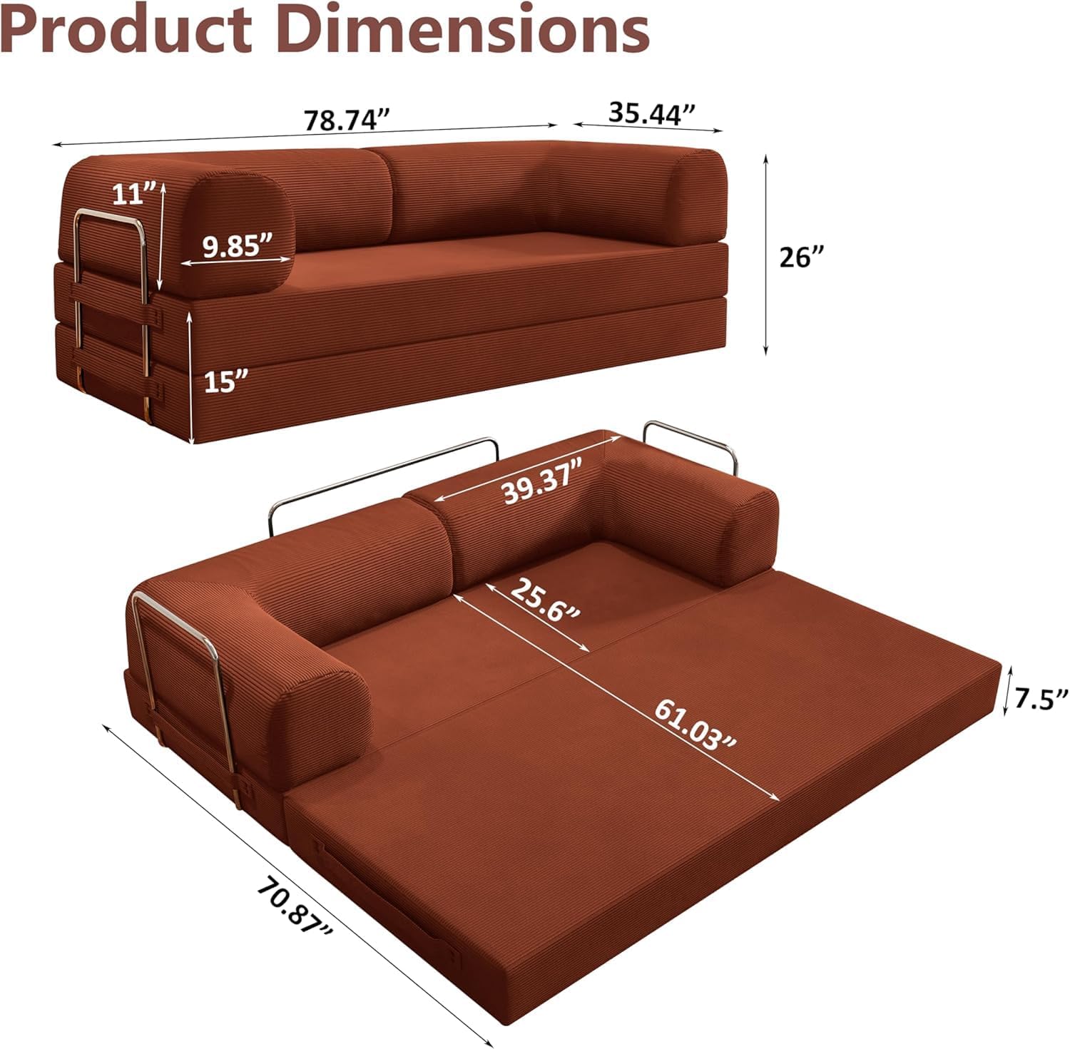 78.8" Folding Convertible Sofa Bed, 4-in-1 Floor Sofa Modular Futon Couch .Pull Out Couch Memory Foam King Size Sofa Bed .No Assembly Needed Boneless Couch for Living Room（Orange）